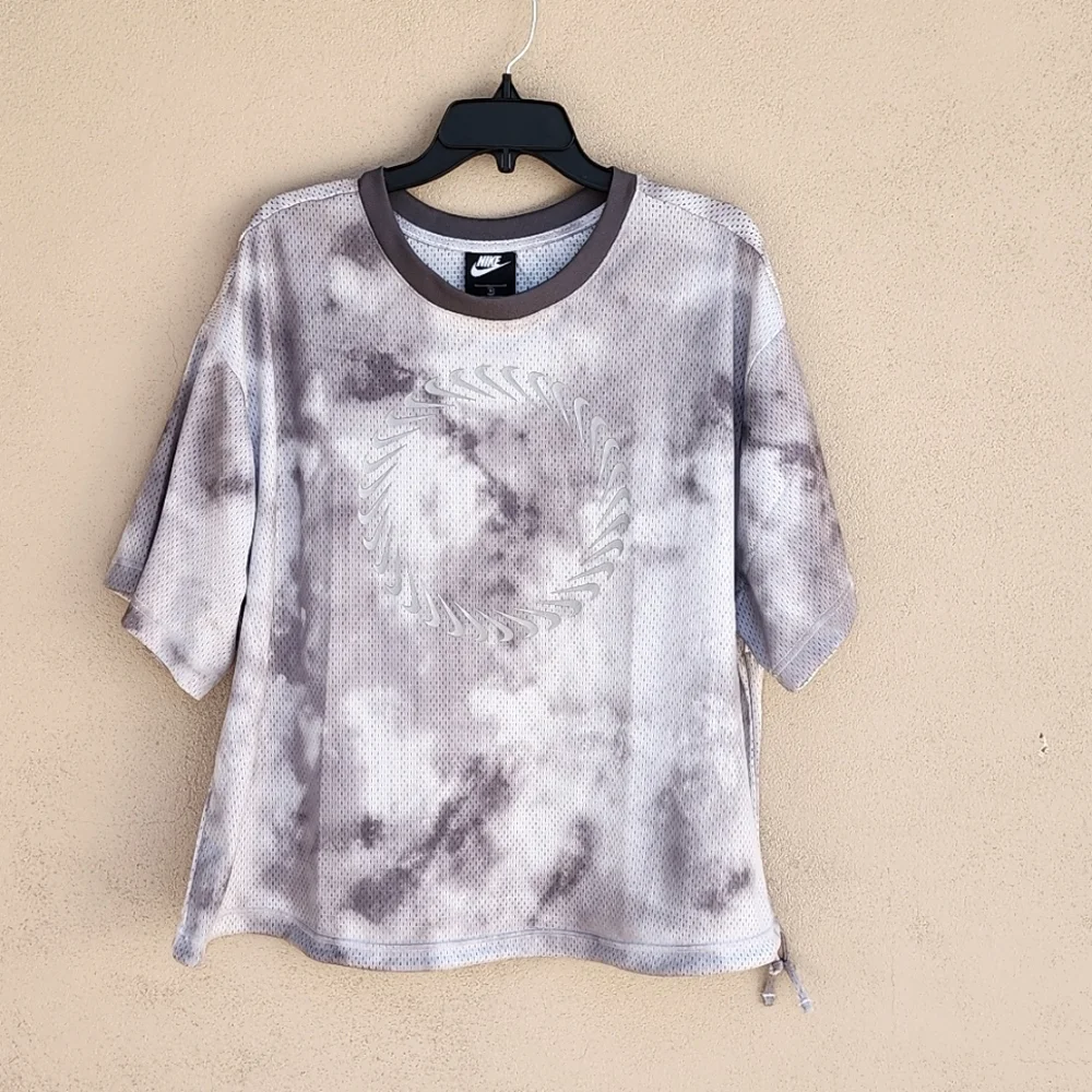 NIKE Icon Clash Gray Mesh Tee Plus 1X Boxy Drawstring Hem Athletic Top Oversized